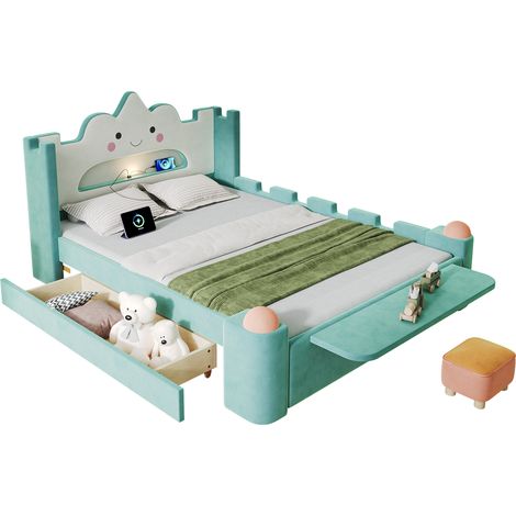 Letto Bambino Singolo con Lampada LED, USB, Cassetto e Ripiano Pieghevole 140 x 200 cm, senza Materasso (1/5)