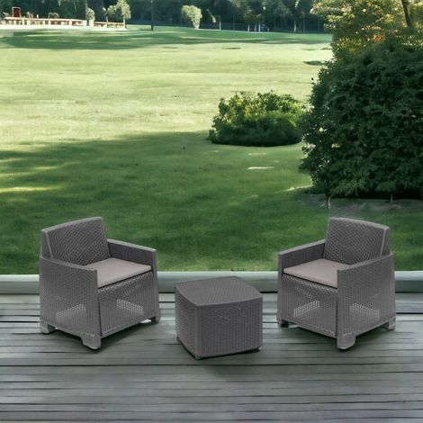 Dmora - Conjunto de salón de exterior Laigueglia, Conjunto de jardín con 2 sillones y 1 mesa contenedor, Efecto ratán con cojines, 100% Made in Italy, Antracita (1/3)