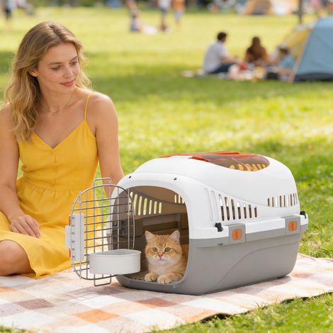 Caisse de transport chat et chien. cage de transport avec porte acier. bol de nourriture. 49 x 32 x 31 cm. gris et crème