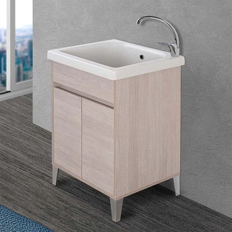 Mobile lavatoio 60x50 cm linea Way rovere chiaro con vasca e strofinatoio (1/5)