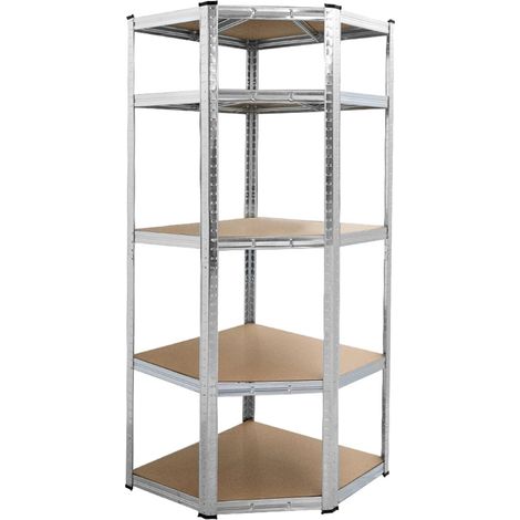 Estantería Almacenaje Esquinera Angular Metálica 180x70x40cm Metálica Galvanizada Modular 5 Baldas MDF Montaje Suelo sin Tornillos System Click & Push Almacenamiento Multiposición Trastero / Garaje / (1/5)