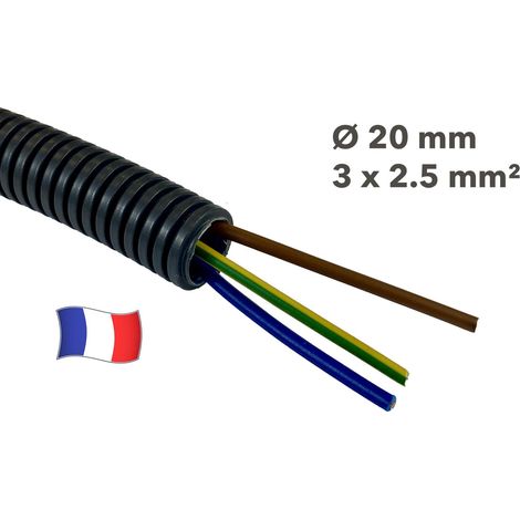 Gaine électrique préfilée 40 mètres diam 20 avec 3 fils Bleu, Vert/Jaune, Marron 2.5 mm² - PREFA ELEC (1/2)