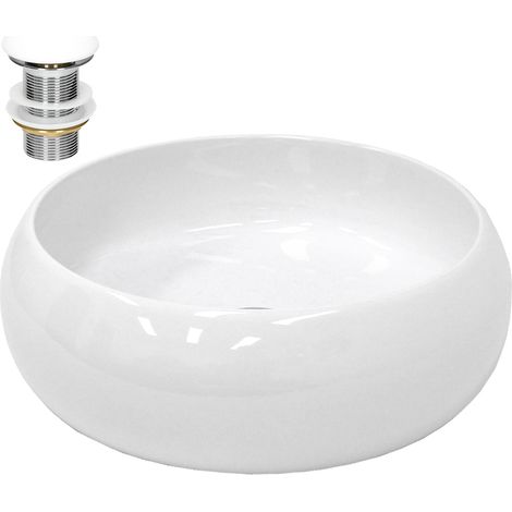 ECD Germany Lavabo Cerámica Blanco Redondo Ø 350 x 120 mm Incl. Juego De Drenaje Sin Rebosadero Lavamanos Moderno De Encimera Sobremesa Para Baño Aseo Fregadero Colgante Válvula De Desagüe Pop Up (1/5)