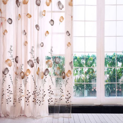 Rideaux en tulle imprimé tulipes 100 x 200 cm, voilage transparent, décoration de fenêtre de balcon, orange (1/5)