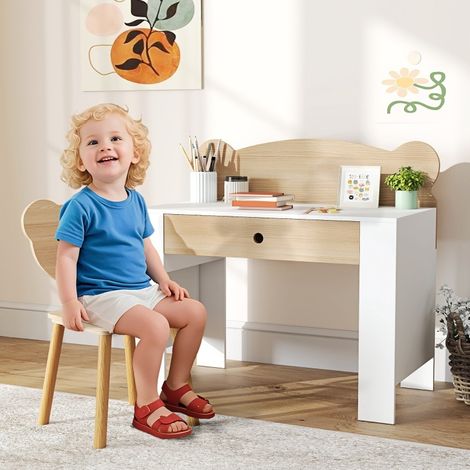 Set de escritorio infantil con silla, cajón, respaldo en forma de oso, madera natural (1/5)