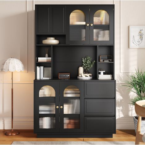 Credenza alta nera in MDF con ante in acrilico, LED APP e 3 cassetti (1/5)