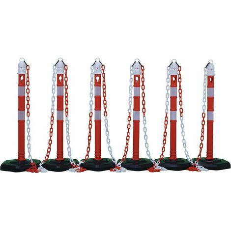 Juego de postes de bloqueo PP rojo / blanco con base hexagonal D63xH1000mm 6 postes y 5 cadenas