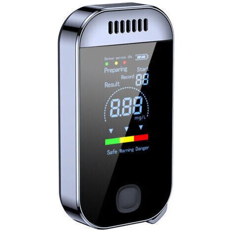 Alcohol tester with color LED digital display and USB charging for personal use. Semiconductor sensor with alarm. Black.