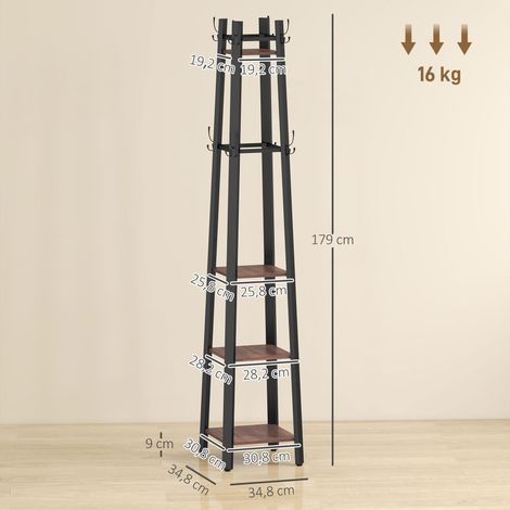 Portant à vêtements à 4 niveaux, autoportant, 8 crochets, 4 étagères, style industriel, métal, panneaux de particules, marron (1/5)