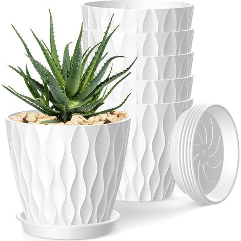 Set da 6 Vasi per Fiori 10 cm (4") – Vasi Bianchi per Piante da Interno con Fori di Drenaggio e Sottovasi, per Orchidee, Violette, Piante Grasse ed Erbe Aromatiche (1/5)