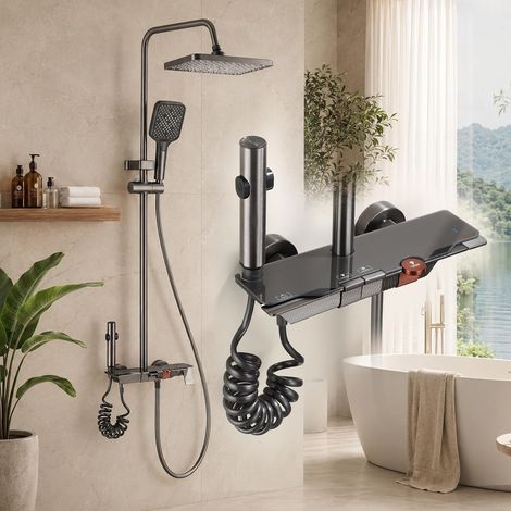 Système de douche avec douche à effet pluie, colonne de douche avec pommeau ABS et douchette à main, design à boutons ronds dans une élégante couleur rouge, D2 (1/5)
