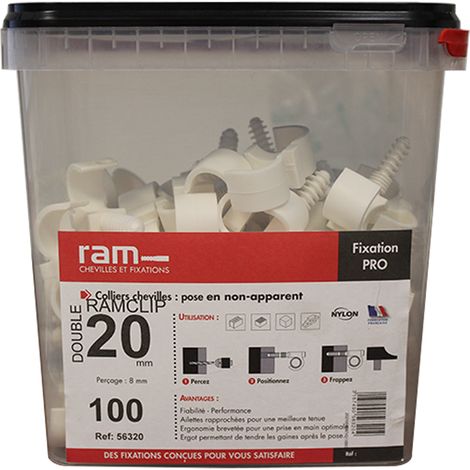 Seau de 100 RAMCLIP blanc double Ø20 pour fixer les gaines souples - Ram (1/3)