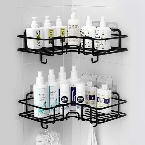 QAZQA Etagere Douche,Panier de Douche d'Angle avec Crochets/Etagere Rangement de Salle de Bain,Etagère de Salle de Bain murale adhésif,Rangement douche,dortoir et cuisine