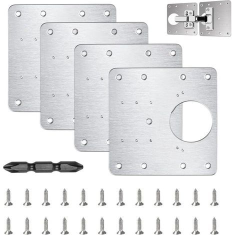 Plaque Reparation Charniere Porte, 8 Pièces Charnière Porte Placard, Réparation Charnière Meuble, Kit de Réparation Meuble en acier inoxydable avec 64 Vis (1/4)