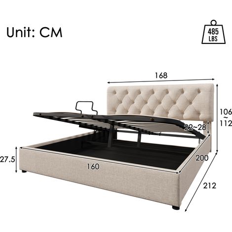 Lit double hydraulique 160x200 cm, cadre moderne avec rangement, sommier métallique à lattes, tête de lit ajustable, couleur naturel, sans matelas (1/4)