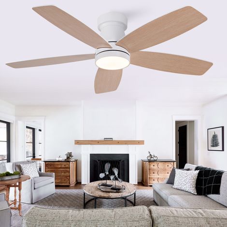 Ventilateur de plafond avec lampe LED, plafonnier ventilateur silencieux, 3 pales bois et métal 107 cm 6 vitesses télécommande, Naturel et Blanc (1/5)