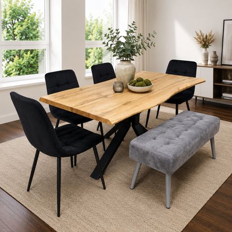 Dining Table Set with 4 black Velvet Chairs and 1 Grey Bench Dining Room Furniture (1/5)