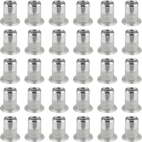 Paquete de 100 tuercas remachables M6 – Acero inoable 304 – Cabeza plana para una instalación rápida – Rosca profunda para diversos materiales (1/4)