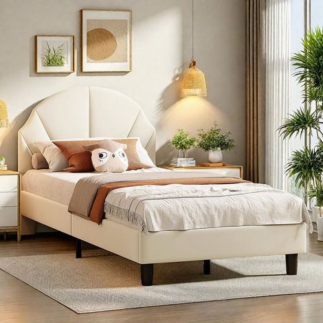 Lit simple 90 x 200 avec sommier à lattes–Lit enfant 90 x 200–Tête de lit réglable en hauteur–Velours–Beige–Capacité 200 kg–Style scandinave