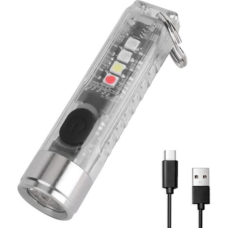 Mini-LED-Taschenlampe, kleine Schlüsselanhänger-Taschenlampe, leistungsstarke, per USB wiederaufladbare tragbare Taschenlampe für Outdoor-Aktivitäten wie Wandern, Camping und Notfälle (Transparent Wei