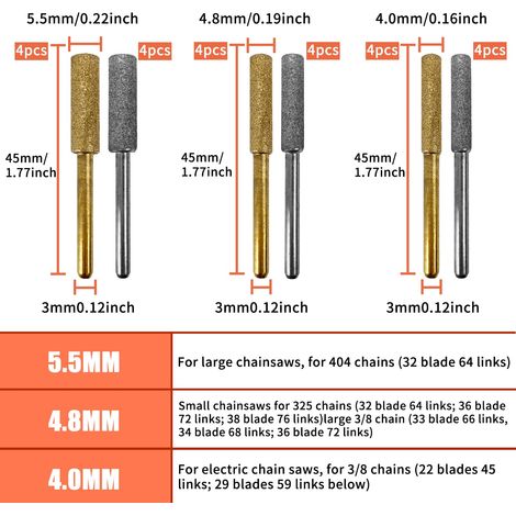 24 PièCes Affuteuse de Chaine Tronconneuse, AffûTeur de TronçOnneuse, Gabarit Affutage Chaine de Tronconneuse 4.0/4.8/5.5mm, Pour Chaine de Tronconneuse Outil de Meulage de Polissage (Or, Argent) (1/4)