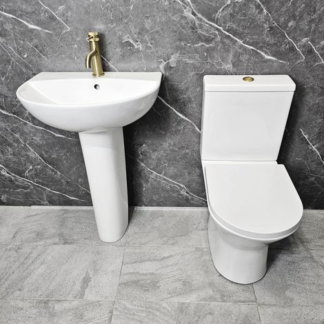 Toilet & Basin Set with Brushed Brass Hinges & Flush Button Molly Bathroom Suite, Without Tap (1/5)