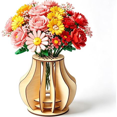 Vase en Bois Compatibile pour Fleurs Lego, Puzzle 3D à Assembler DIY, Support pour Bouquet de Fleurs Artificielles et Séchées, Décoration Maison et Bureau, Cadeau Créatif (20x20cm) (1/5)
