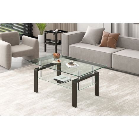 Tavolino da caffè in vetro di sicurezza trasparente, 2 ripiani, 100 x 60 x 44 cm, OKMYHOME (1/5)
