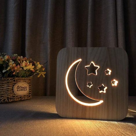 petite Lampe De Table En Bois Lune Toile Forme Transfrontalire De Bois Clair Lampe Led Crativit Nuit (1/5)
