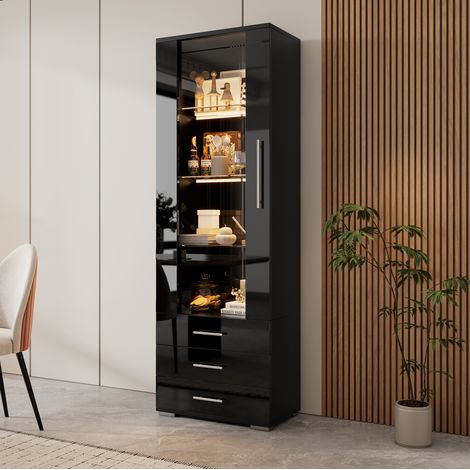 Vitrine haute noire brillante avec éclairage LED, portes en acrylique, 3 tiroirs et étagères en verre trempé, 60 x 35 x 180 cm - CHICFURN (1/5)