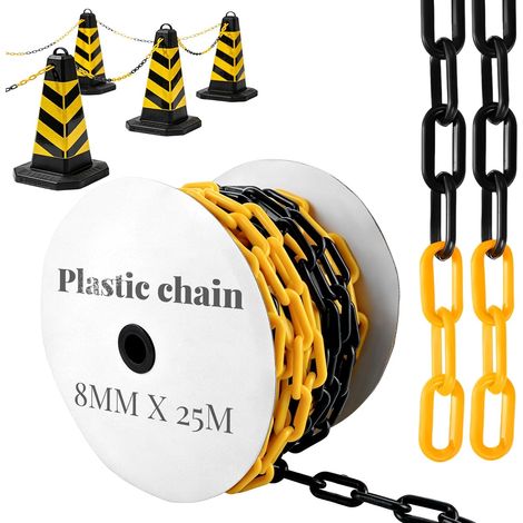 Chaîne de barrière de 25 m - En plastique noir et jaune - 8 mm d'épaisseur - Chaîne en plastique pour bloquer les surfaces - Bien visible, stable et maniable (1/5)