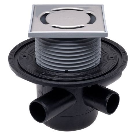 Pozzetto pavimento DN50 con 3 entrate DN40, antiriflusso, portagriglia 123x123mm, griglia inox 115x115mm (1/2)