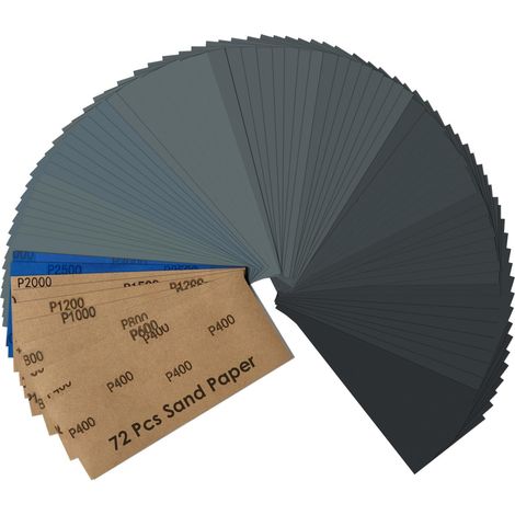 72 pièces papier de verre Abrasif grain 400 600 800 1000 1200 1500 2000 2500 3000 pour ponçage Fin Voitures métal bois peinture Murs, 9 x 23 cm (1/2)
