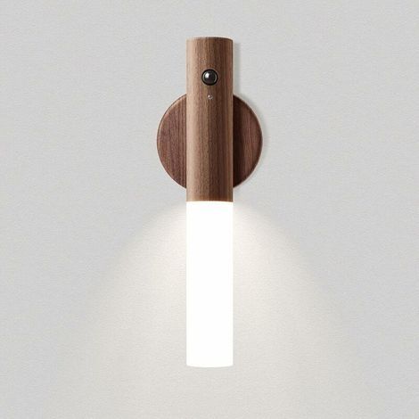 RHG Applique Murale Interieur Bois Led Night Lights Alimenté par Batterie Portable Applique Lampe Murale Sans Fil Rechargeable Induction Night Light avec Aimant pour Escaliers Couloir Ménage (Brun) (1/5)