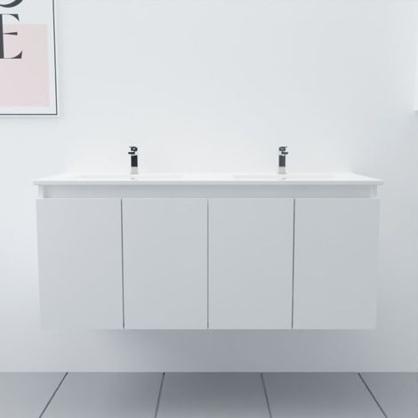 Cuisibane – Meuble double vasque 120 cm – Plan vasque en céramique – 4 portes battantes avec amortisseurs – Rangement pratique pour salle de bain