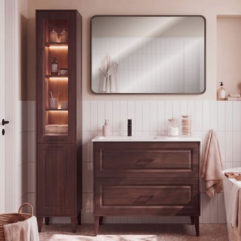 Conjunto mueble lavabo empotrado simple izquierdo 100cm y columna Moka Madera oscura (1/4)
