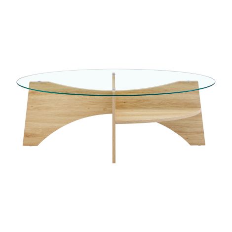 Table basse ovale en verre trempé – 104,9x60 cm, design multifonctionnel. Piètement avec compartiments diagonaux clairs et rangement intégré. Idéale pour salle à manger. (1/5)