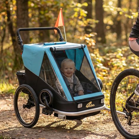 Remorque pour enfants, 2 places, remorque vélo enfant pliable 2-en-1 avec siège réglable et ceintures, Bleu (1/5)