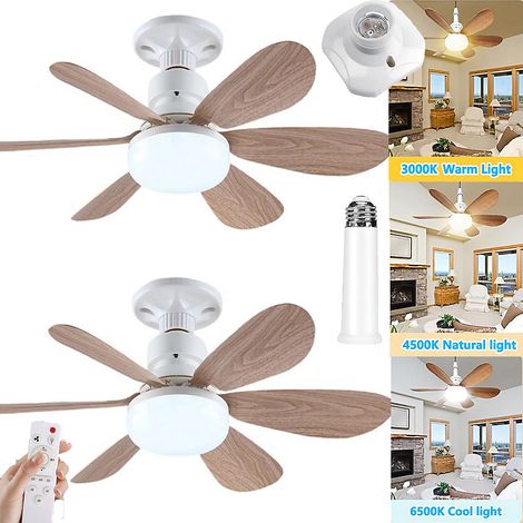 Ventilateur de plafond LED 2 pièces avec tige d&aposextension et base E27, 3000-6500K, 3 vitesses, minuterie, 100-240V, 52cm,Brown (1/5)