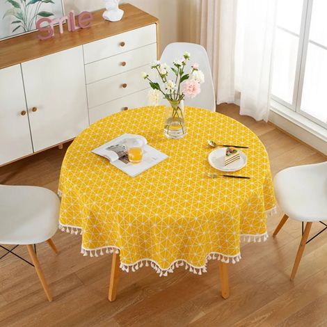 Nappe ronde à pompons de 120 cm, en polyester et coton, pour table à manger, table basse, table de jardin (jaune)
