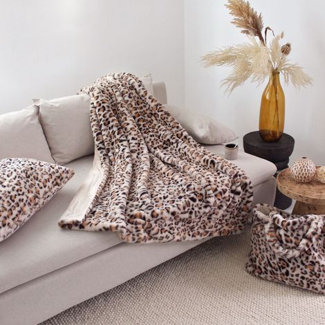 Plaid effet fourrure léopard 300 g/m² en flanelle avec sac de rangement - 125x150cm - Naturel (1/3)