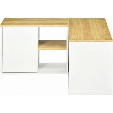 Mueble TV esquinero en L con compartimentos abiertos, madera clara y blanco, 90 x 90 x 45 cm (1/5)