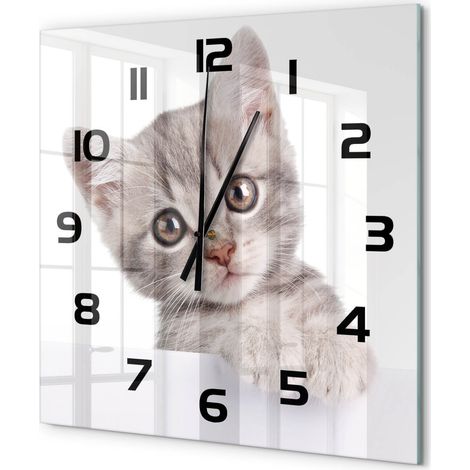 Grande Horloge Murale Carrée en Verre Trempé Silencieuse Design Moderne Salon Cuisine Chat gris 60x60 cm (1/5)