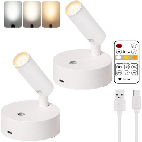 Lot de 2 projecteurs LED sans fil, lampe murale rechargeable, spot magnétique, variateur tricolore, rotation à 350°, pour chambre (blanc) (1/5)