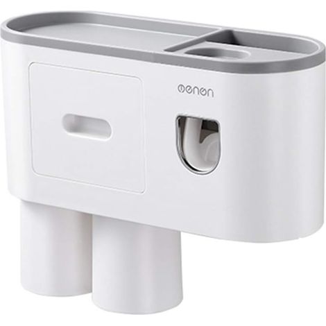 Toothpaste Dispenser Toothbrush Holder Wall Mounted Automatic Squeezer with 2 Cups Organizer for Bathroom Grey Toothbrush Holder (1/5)