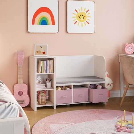Scaffale per Cameretta Høylandet con Panca Scomparti e Scatole 76 x 112 x 40 cm - Bianco / Rosa [en.casa]