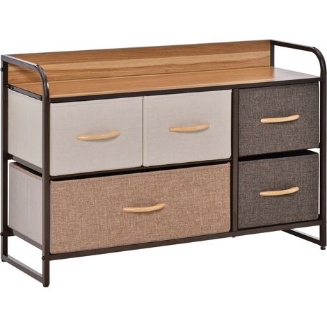 HOMCOM Kommode mit 5 Schubladen, Stoffbezug, Schlafzimmermöbel, Braun/Beige, 87,5 x 29 x 58 cm