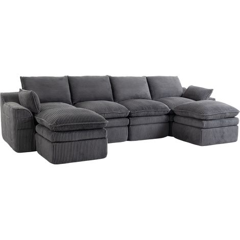 Divano modulare 4 posti in velluto a coste grigio scuro con 2 pouf, cuscini e tasche laterali (1/5)