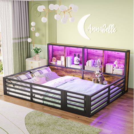 Lit 140x200 avec barrières, rangements LED, noir HAVRYA (1/5)