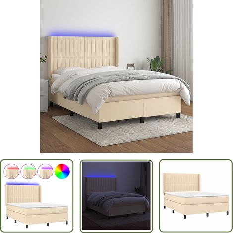 The Living Store Sommier à lattes de lit matelas et LED Crème 140x190 cm Tissu - Sommier Tapissier - Lit Plateforme - Lit Avec Led - Matelas À Ressorts Ensachés - Têtière Ajustable (1/5)